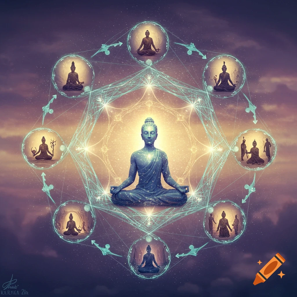 A central blue Buddha meditates within a glowing cosmic mandala, surrounded by smaller Buddha figures in spheres against a purple starry sky.