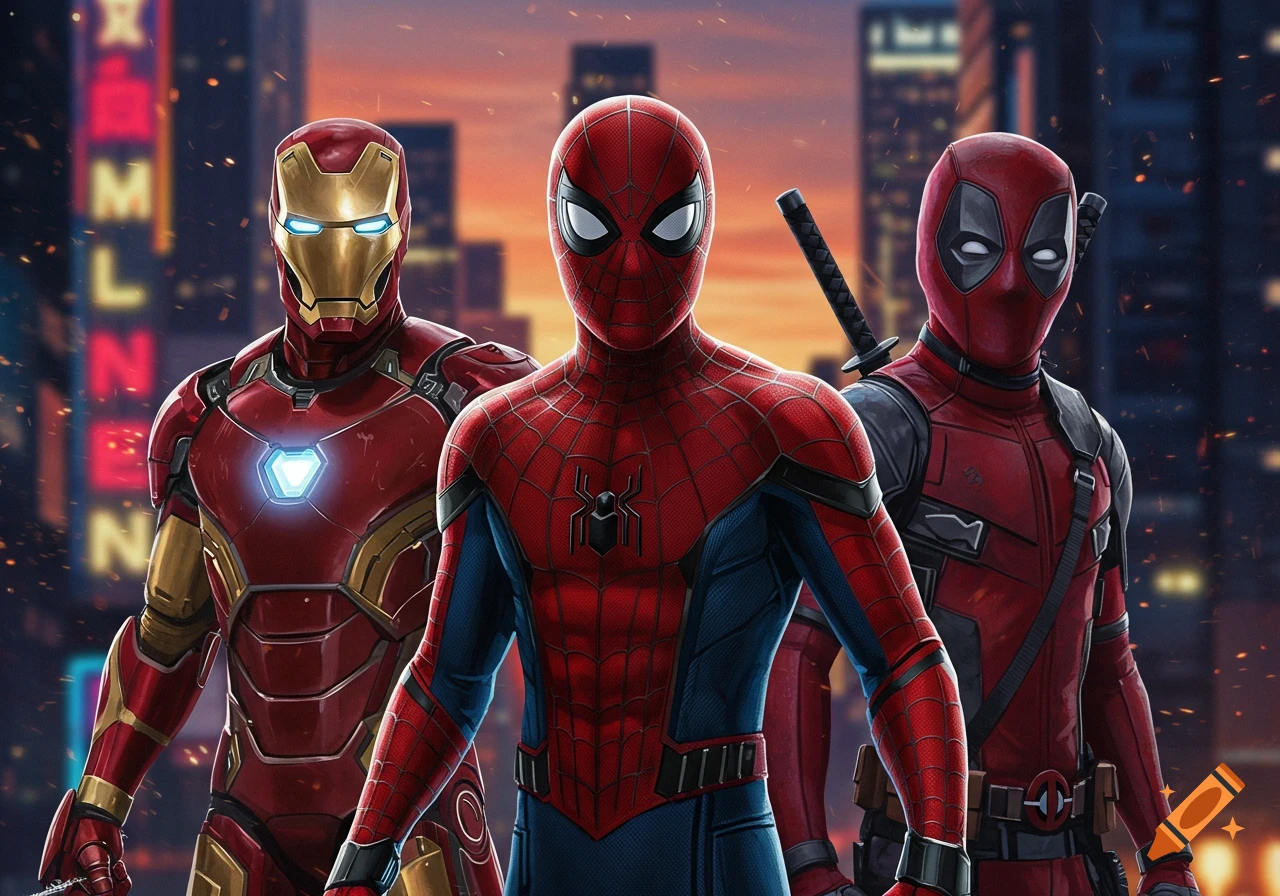 Iron Man, Spider-Man, and Deadpool stand side-by-side in a city at dusk, an illustration.