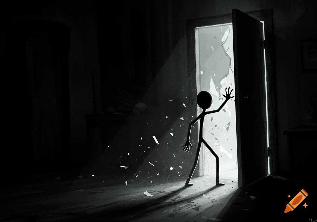 A minimalist, dark illustration of a stick figure stepping out of a shattered doorway into a beam of light.