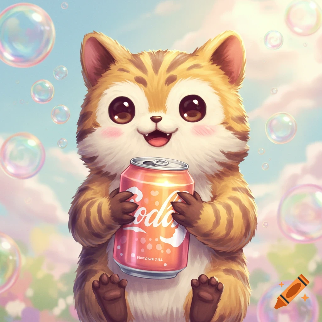 A cute, fluffy orange and white creature with big eyes happily holds a pink soda can amidst floating bubbles, in an anime-illustration style.