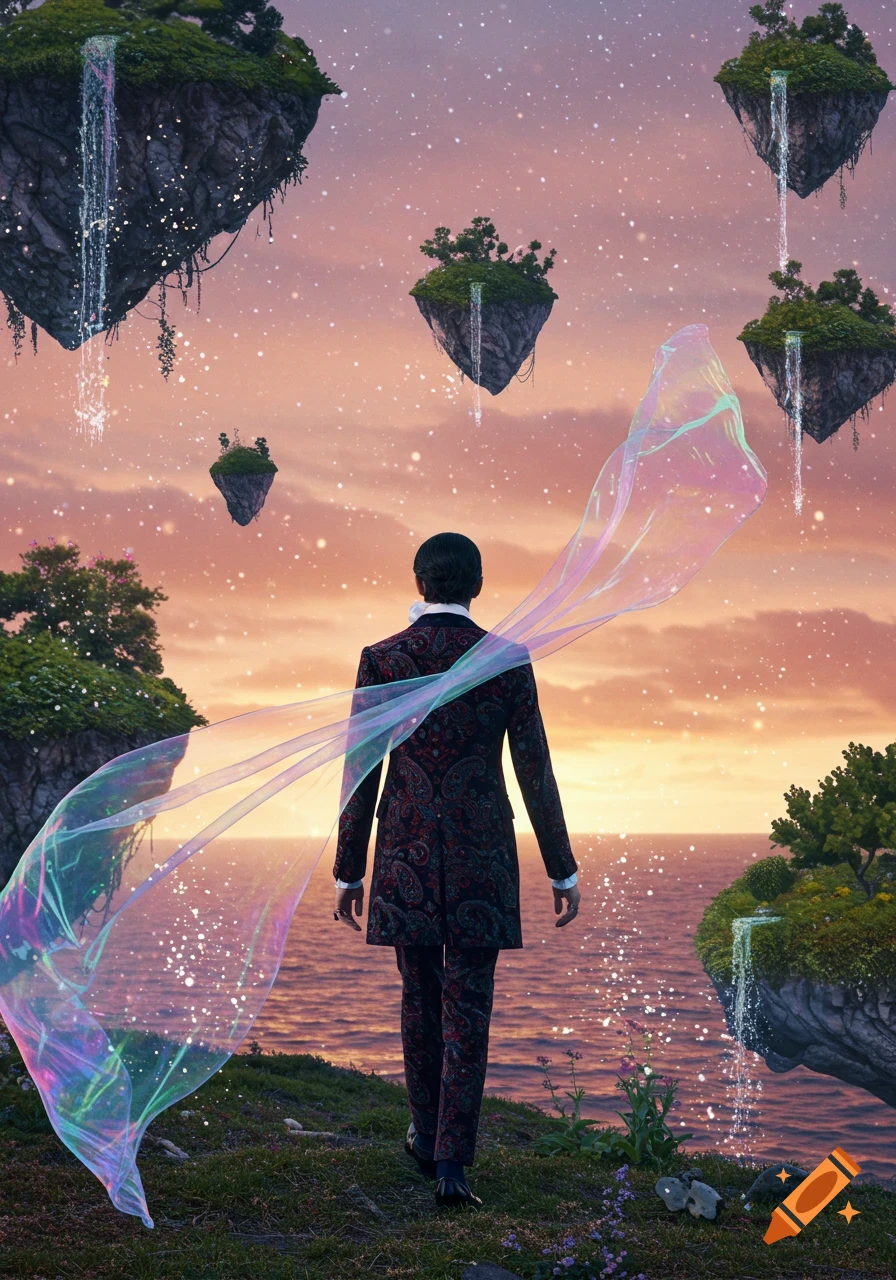 A person in a patterned suit walks toward a sunset over an ocean, surrounded by floating islands with waterfalls and sparkling stardust.