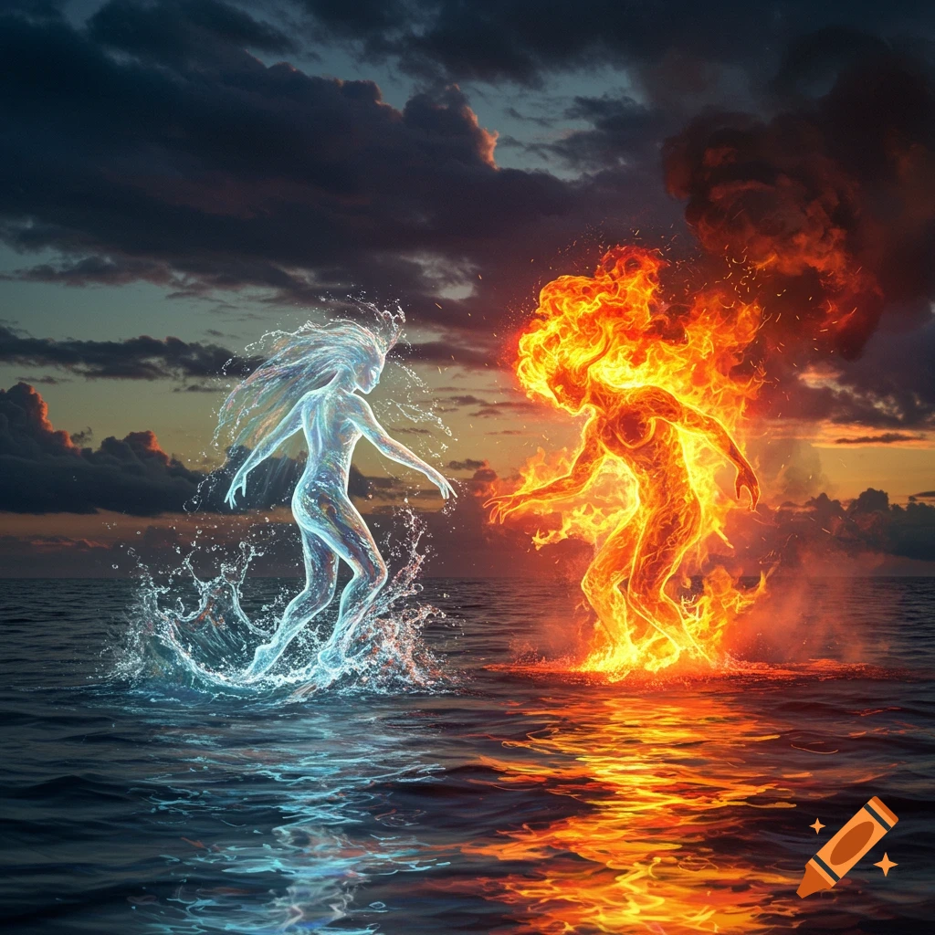 A stylized water elemental figure and a fire elemental figure collide over a stormy ocean at sunset.