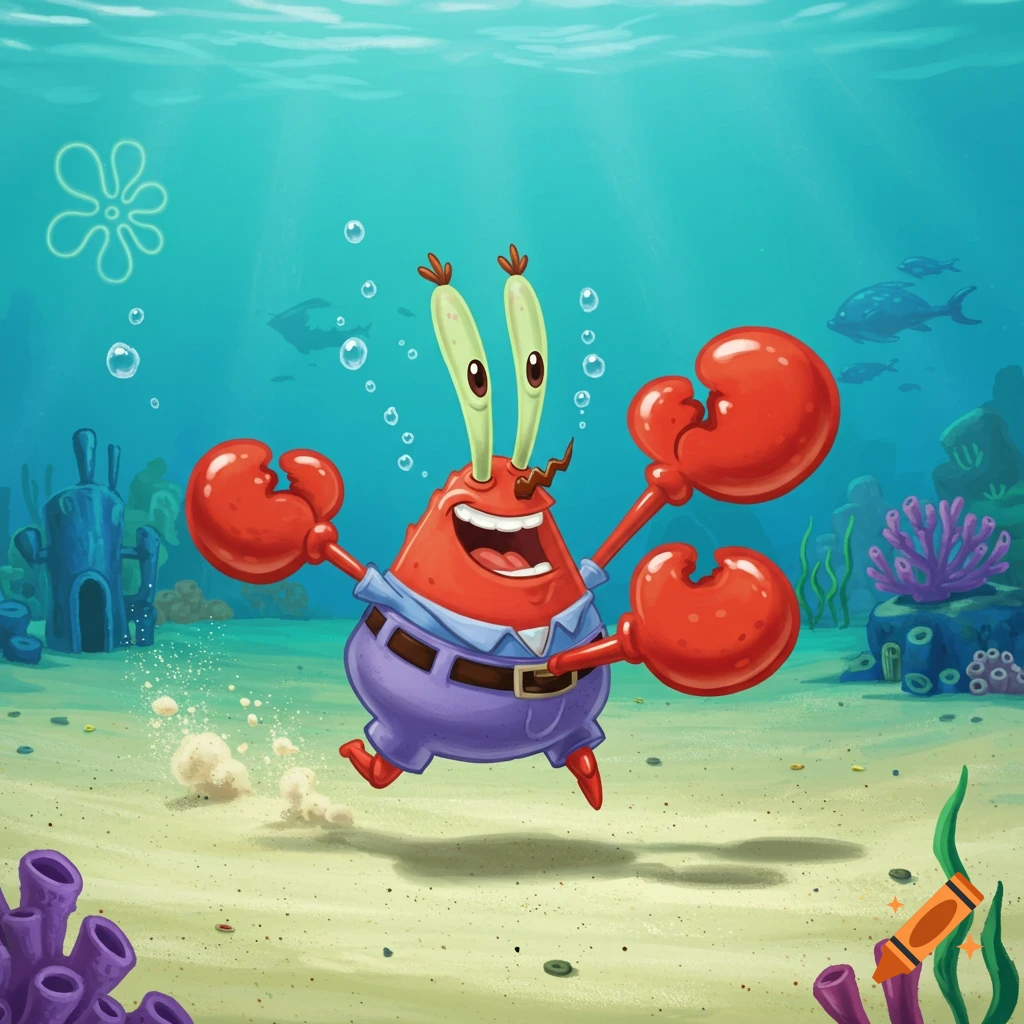 Mr. Krabs from Spongebob Squarepants happily running underwater in a cartoon style, surrounded by coral and fish.