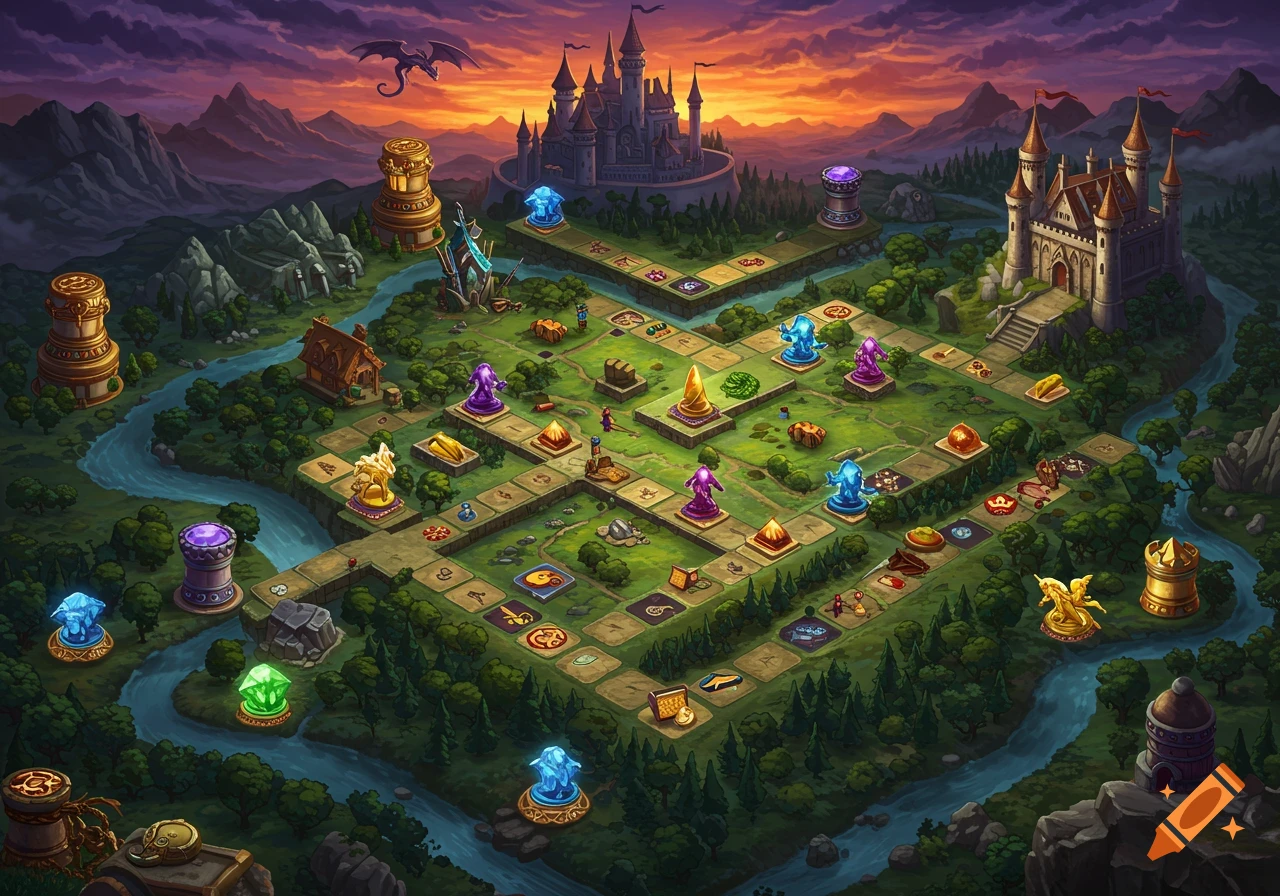 An isometric fantasy board game map with castles, a dragon, rivers, mountains, and colorful game pieces on a green landscape at sunset.