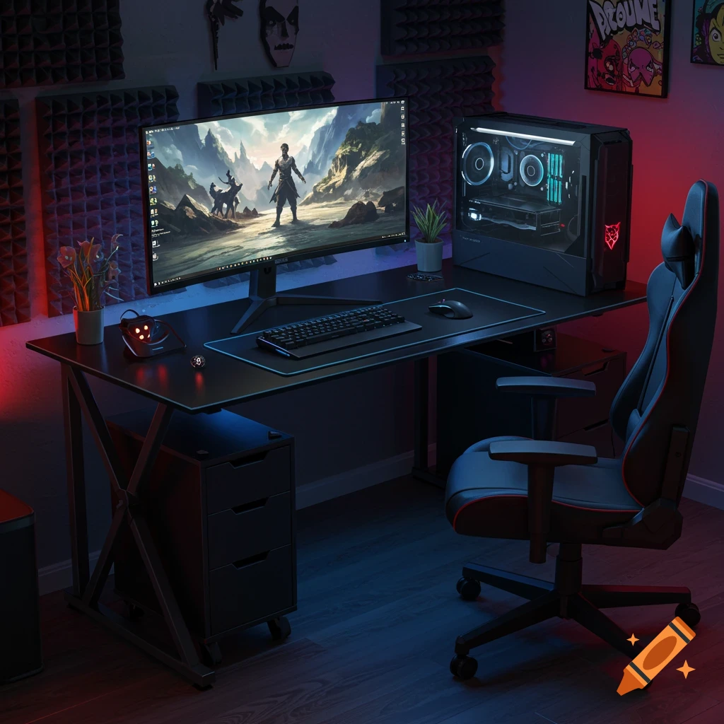 A modern gaming setup featuring a black desk with a monitor displaying a fantasy game, a PC tower, keyboard, mouse, and a gaming chair.