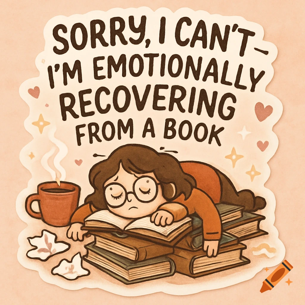 A cute cartoon sticker design of an exhausted person lying face down on a pile of books next to a teacup and tissues. Text: 'Sorry, I can — I emotionally recovering from a book.'