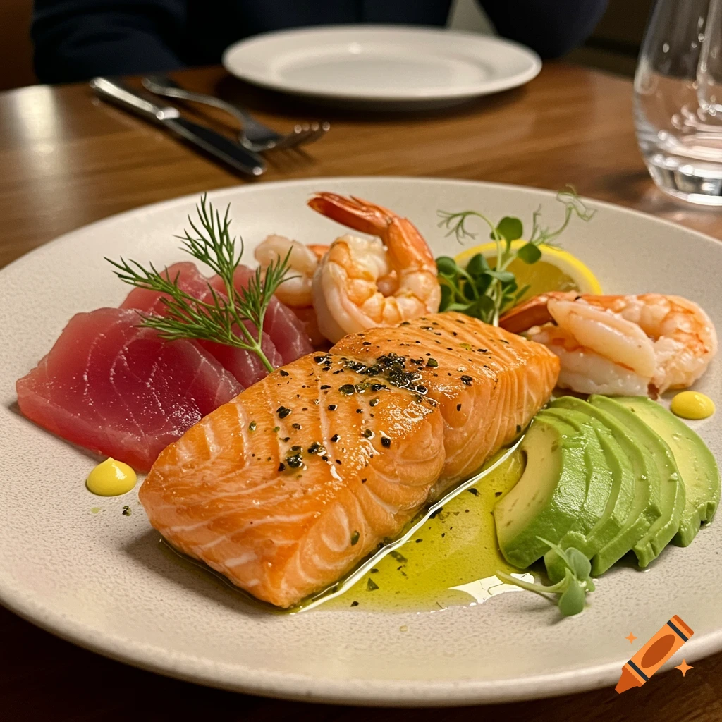 A gourmet platter with grilled salmon, raw tuna, shrimp, avocado, and lemon on a white plate.