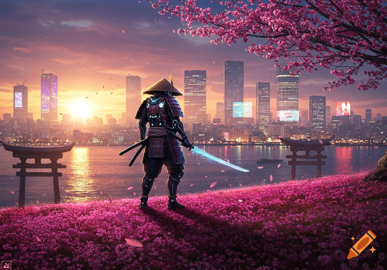 A samurai in futuristic armor stands on a hill of pink cherry blossoms, looking at a cyberpunk Japanese city skyline at sunset.