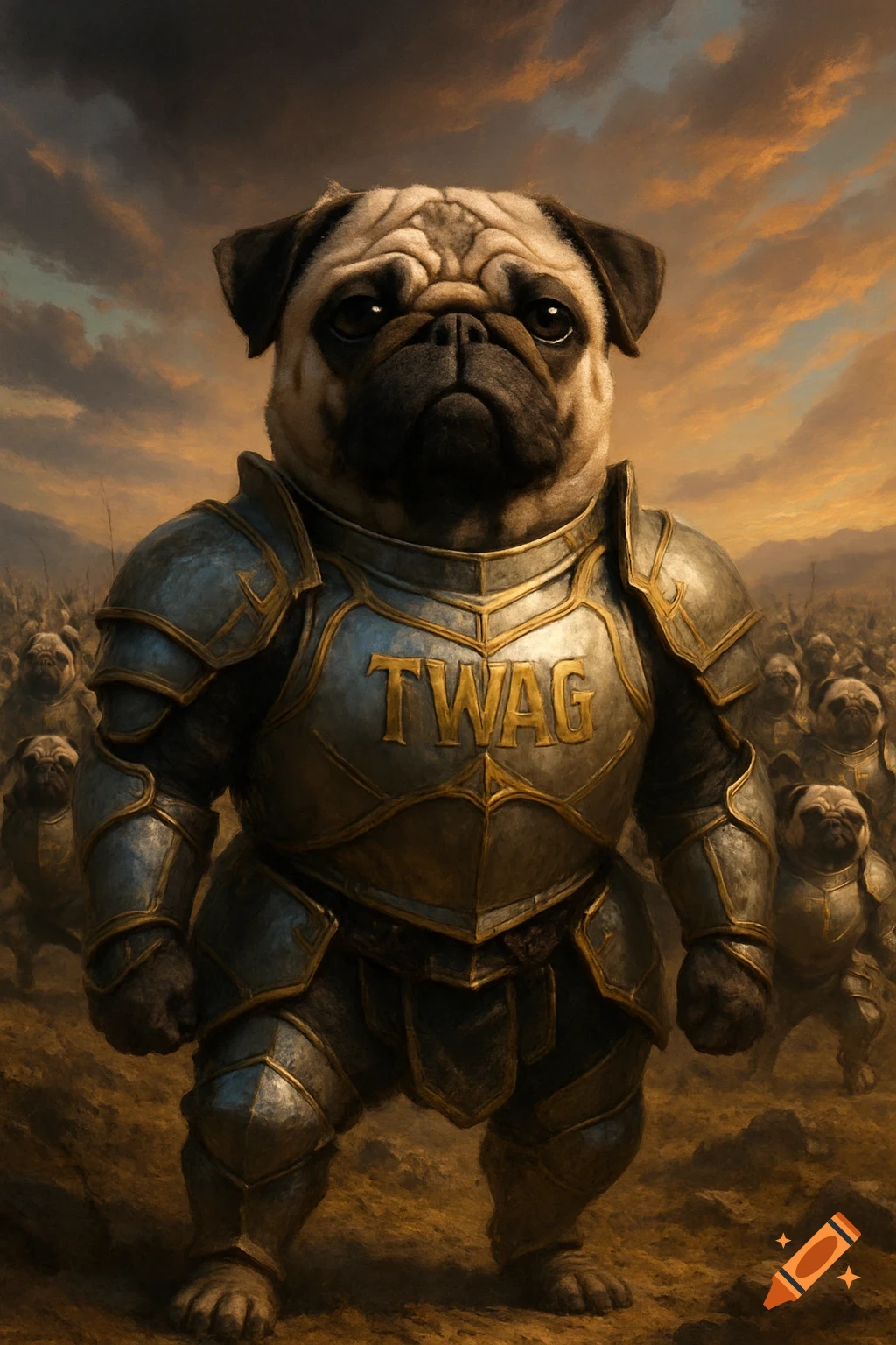 A pug warrior in detailed silver and gold armor, with 'TWAG' on its ...