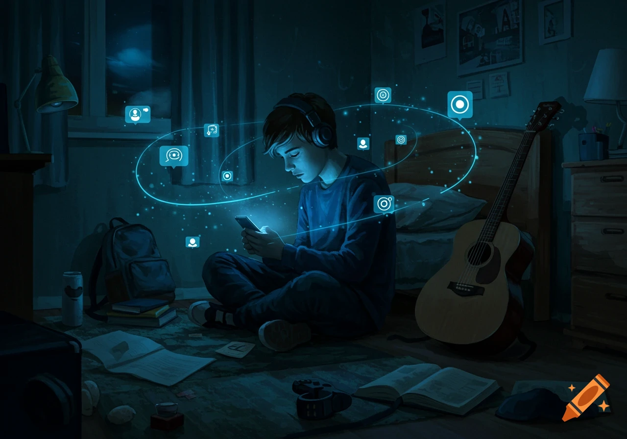 A boy sits on the floor in a dark bedroom, engrossed in his smartphone, surrounded by glowing social media icons.