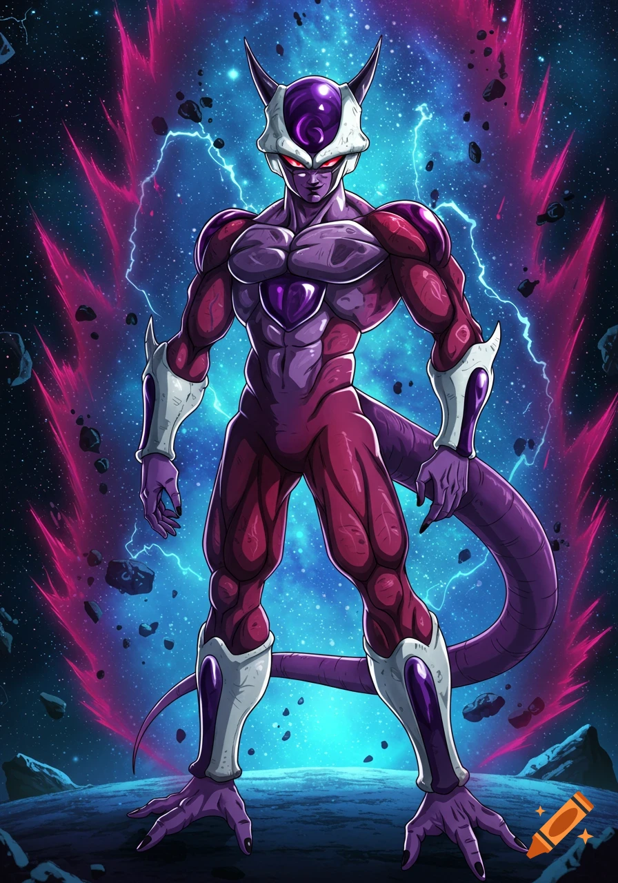 An anime character, Frieza, in Cooler's 5th form, stands on a dark planet surface in space, surrounded by pink energy.