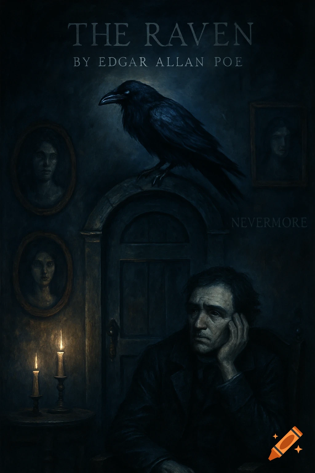 Dark painting of a somber man with a raven perched above a door in an eerie room, text 'The Raven by Edgar Allan Poe' and 'Nevermore'.
