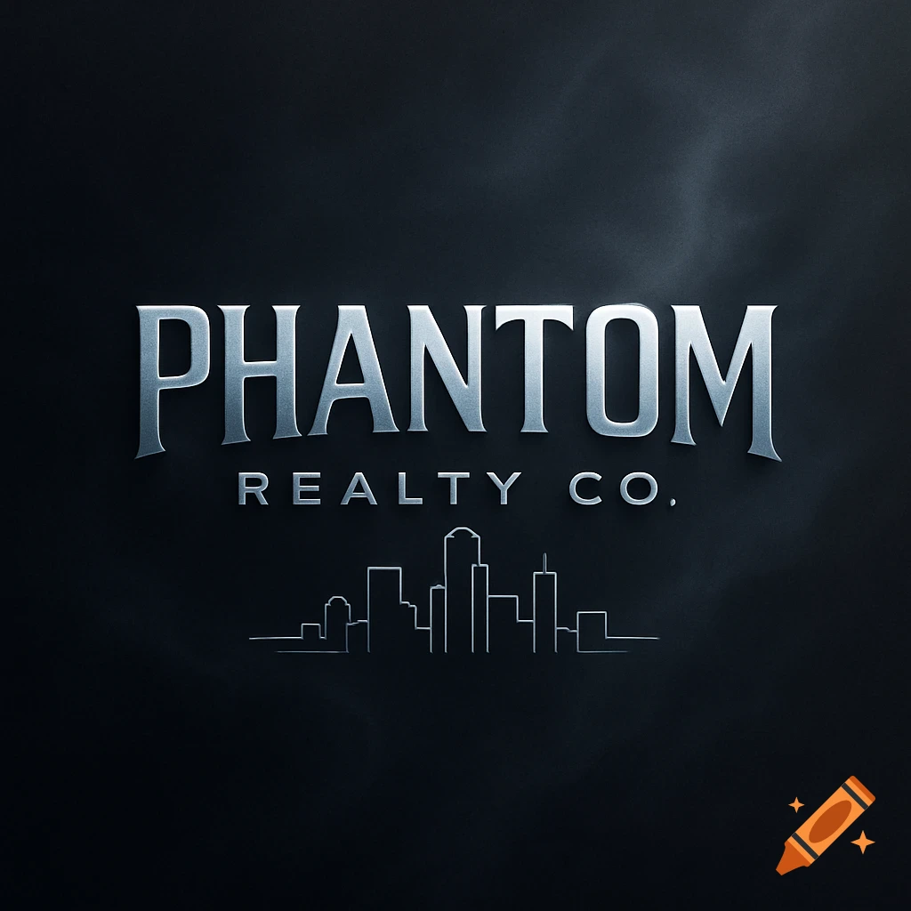 A silver metallic logo on a dark background, reading "PHANTOM REALTY CO." with a minimalist skyline illustration below it.