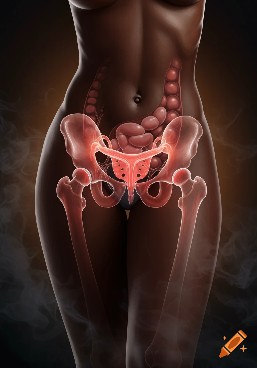Medical illustration of a dark-skinned woman's torso, with translucent skin revealing a red glowing pelvis, uterus, and intestines.