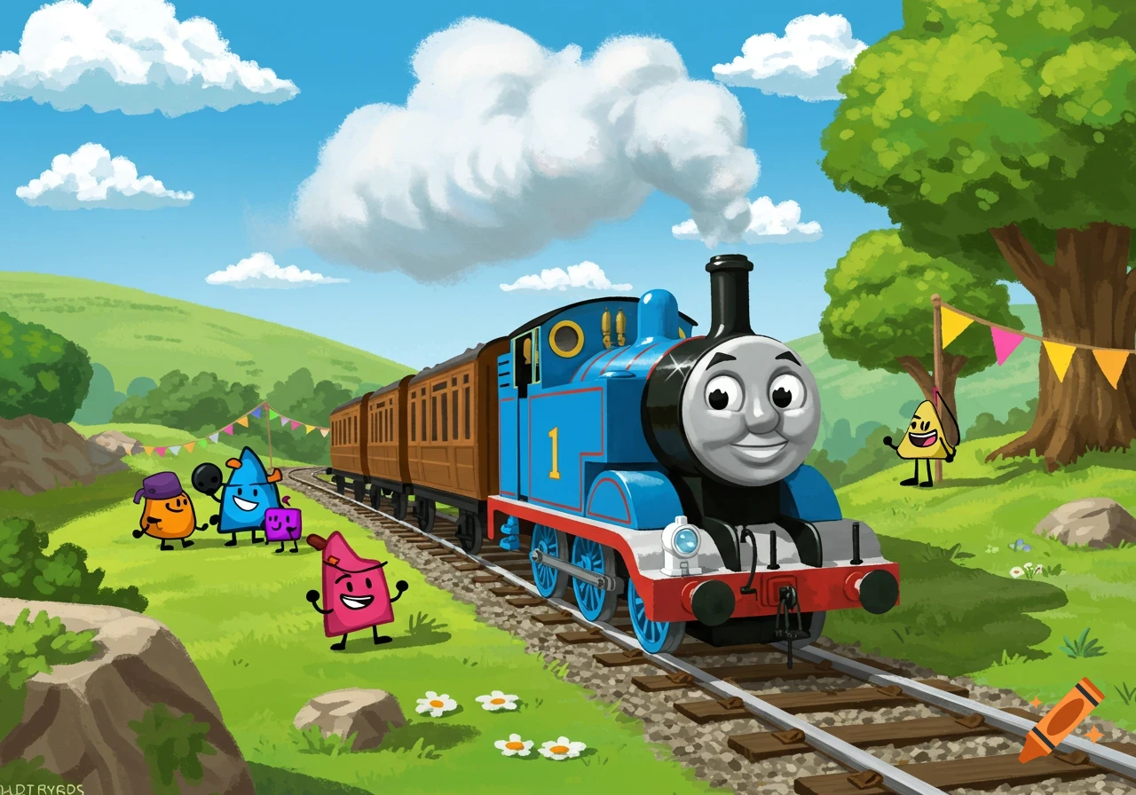 Thomas the Tank Engine pulls brown carriages on a railway in a green, hilly landscape with cartoon characters and festive bunting.