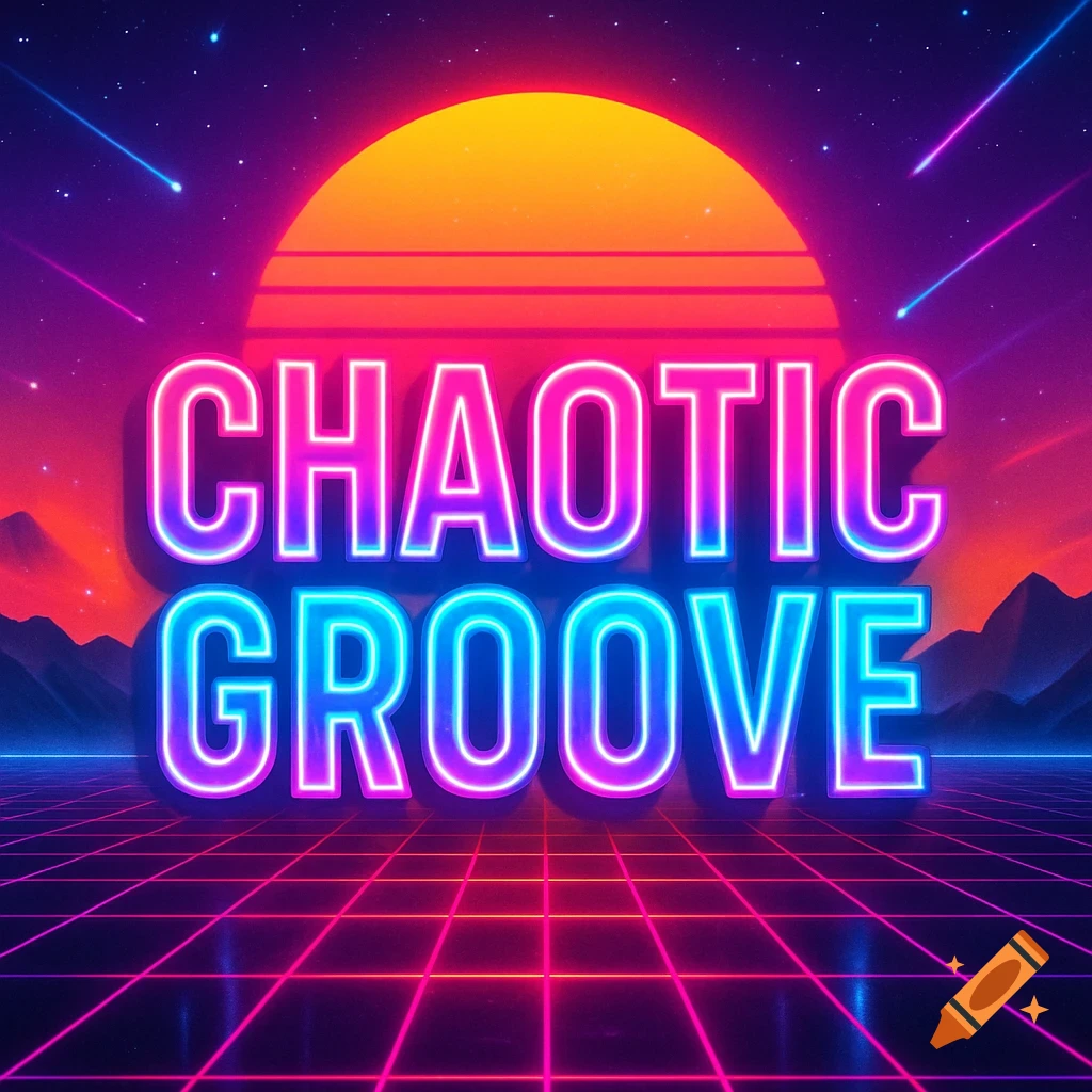 Neon text 'CHAOTIC GROOVE' over a retro synthwave landscape with a glowing grid and sunset.