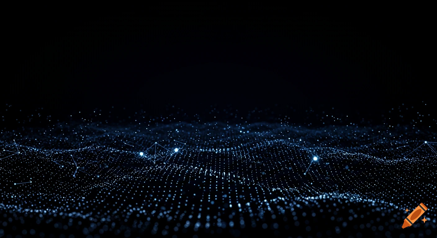 Abstract digital network of glowing blue and white dots on a dark ...