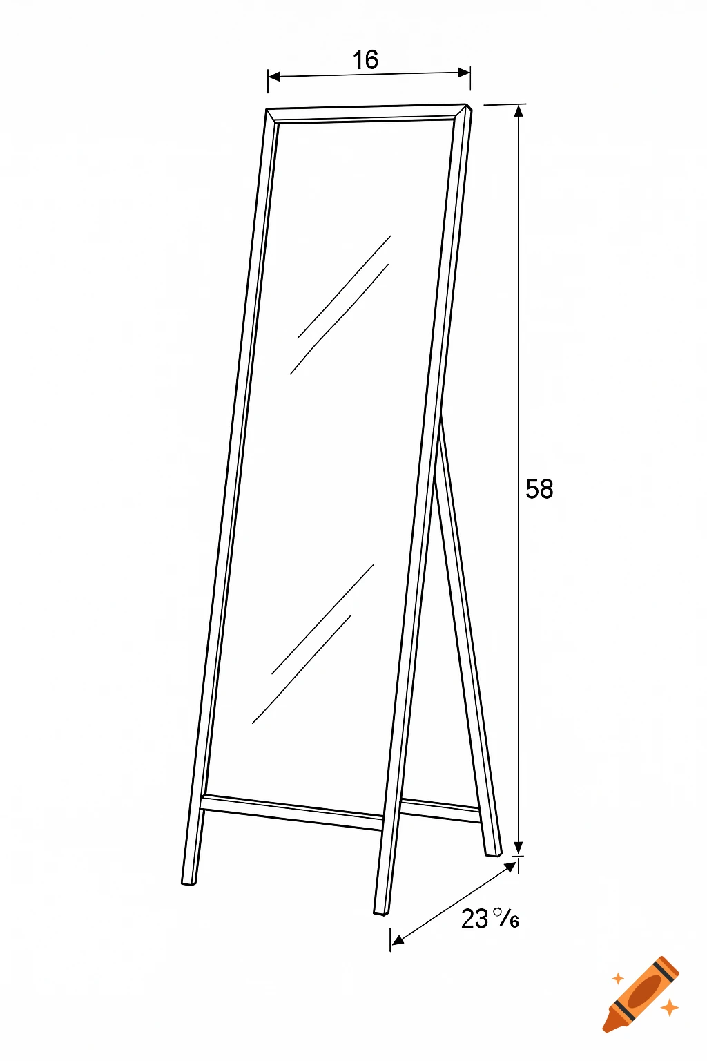 A black and white technical line drawing of a full-length mirror with a stand, showing dimensions 16, 58, and 23 permil.