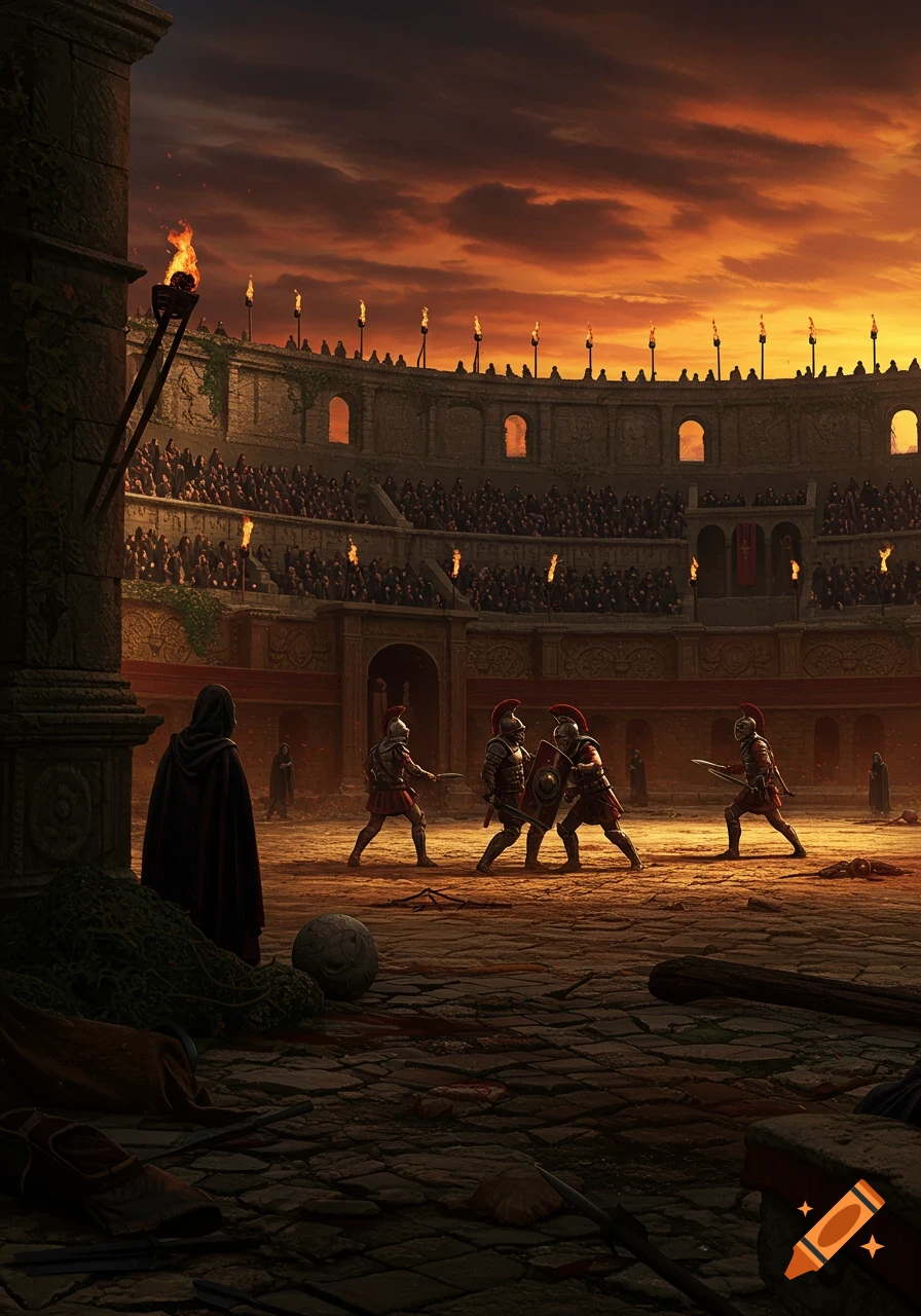 Gladiators battle in a vast ancient arena under a dramatic sunset sky, observed by a hooded figure.