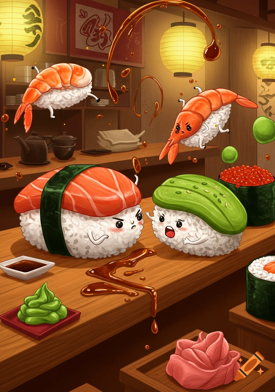 Cute, anthropomorphic sushi and shrimp with distressed expressions in a sushi restaurant, with soy sauce splashing.