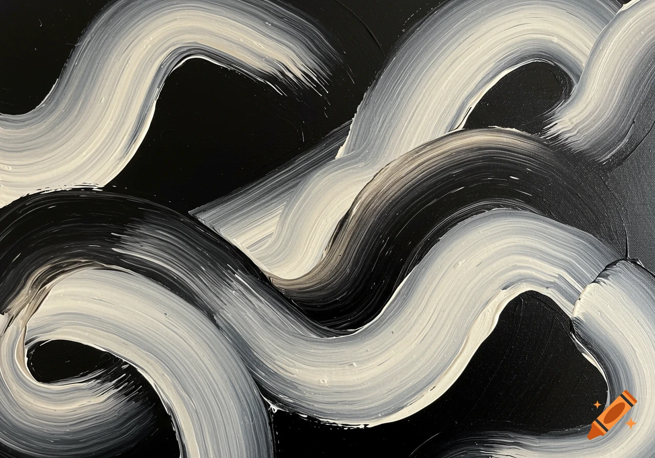 A close-up abstract painting with bold, sweeping, textured brushstrokes in black, white, beige, and cream, creating dynamic movement and fluidity.