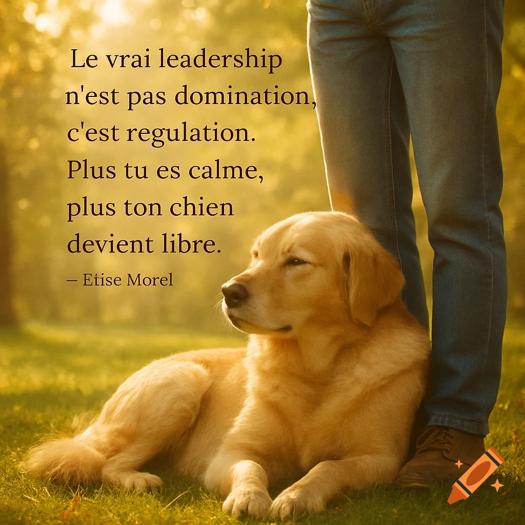 A golden retriever dog lies peacefully on green grass next to a person's legs, with a French quote about dogs.