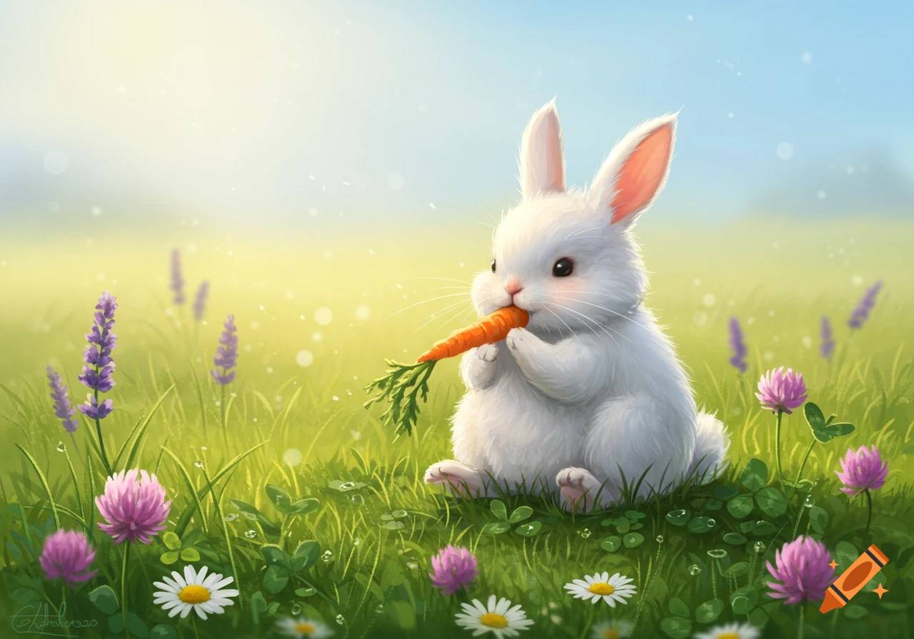 A fluffy white rabbit eats a carrot in a vibrant green meadow with colorful flowers, illustrative style.
