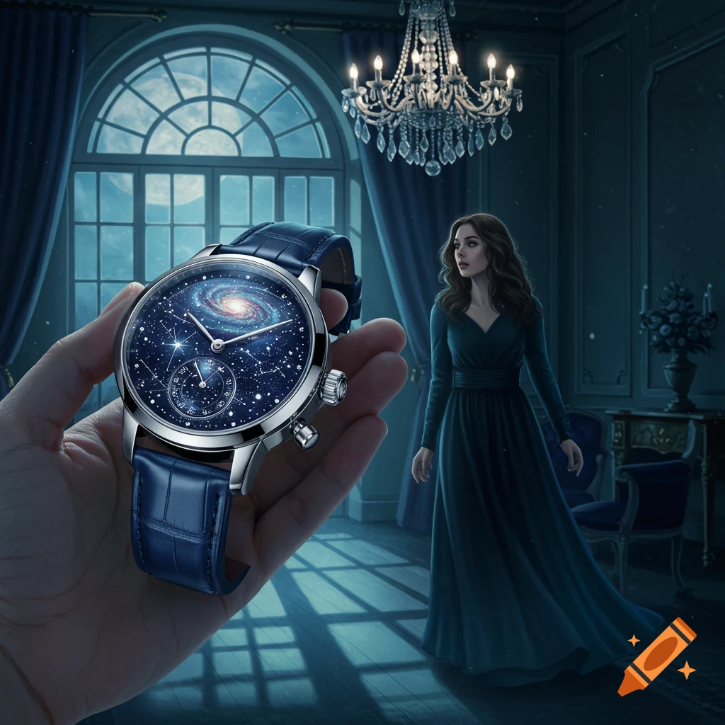 A hand holds a watch with a galaxy design, a woman in a blue dress stands in a moonlit room with a chandelier, digital painting.