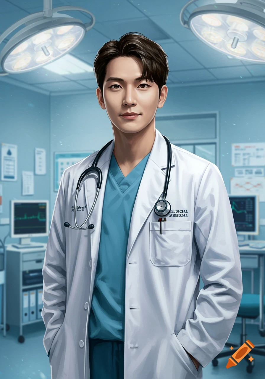 Illustrative portrait of an Asian male doctor in a white lab coat and stethoscope, standing in a bright medical room.