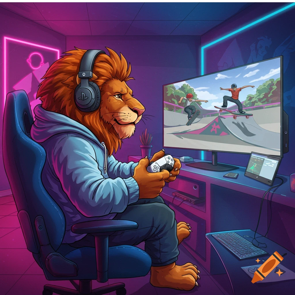 A cartoon lion in a hoodie and headphones plays a skateboarding game on a TV in a neon-lit gaming room.