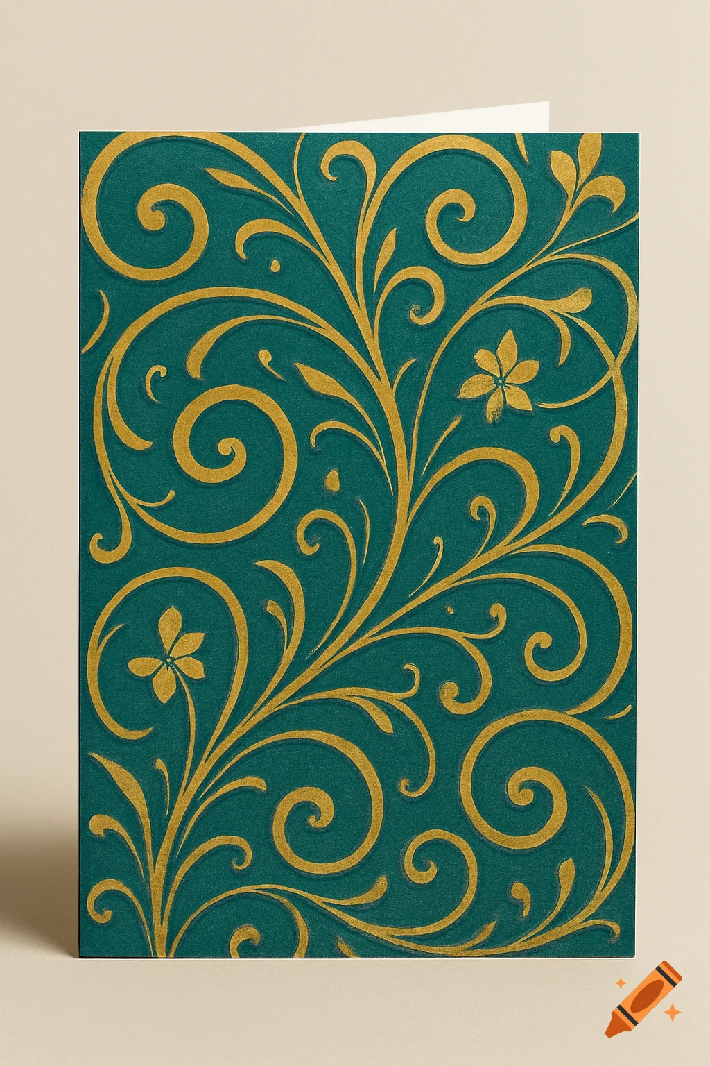 A teal card cover featuring an embossed gold swirling floral and vine motif.