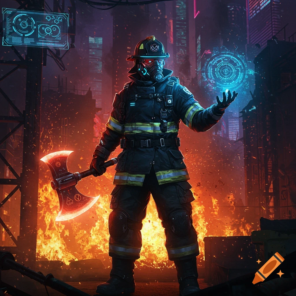 A heavily armored cyberpunk firefighter holds a glowing axe and an energy orb amidst a burning futuristic city.