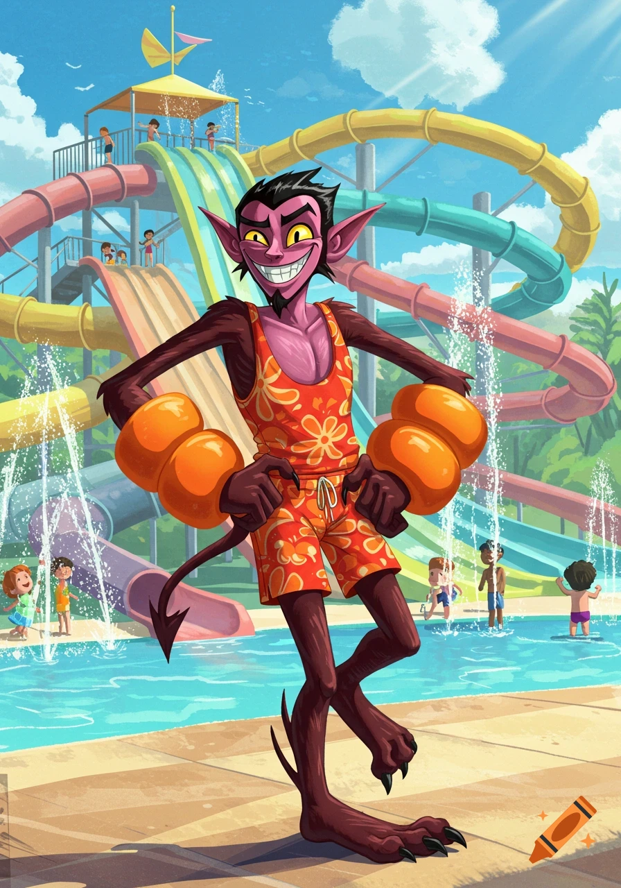 HIM from Powerpuff Girls, a pink devil-like character, wears an orange floral bathing suit and armbands, standing at a colorful waterpark.
