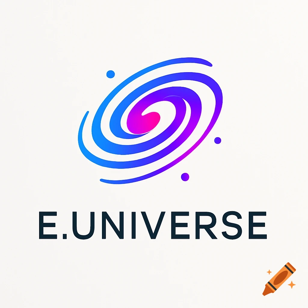 A modern logo for E.UNIVERSE featuring a vibrant blue and magenta swirling galaxy design on a white background.
