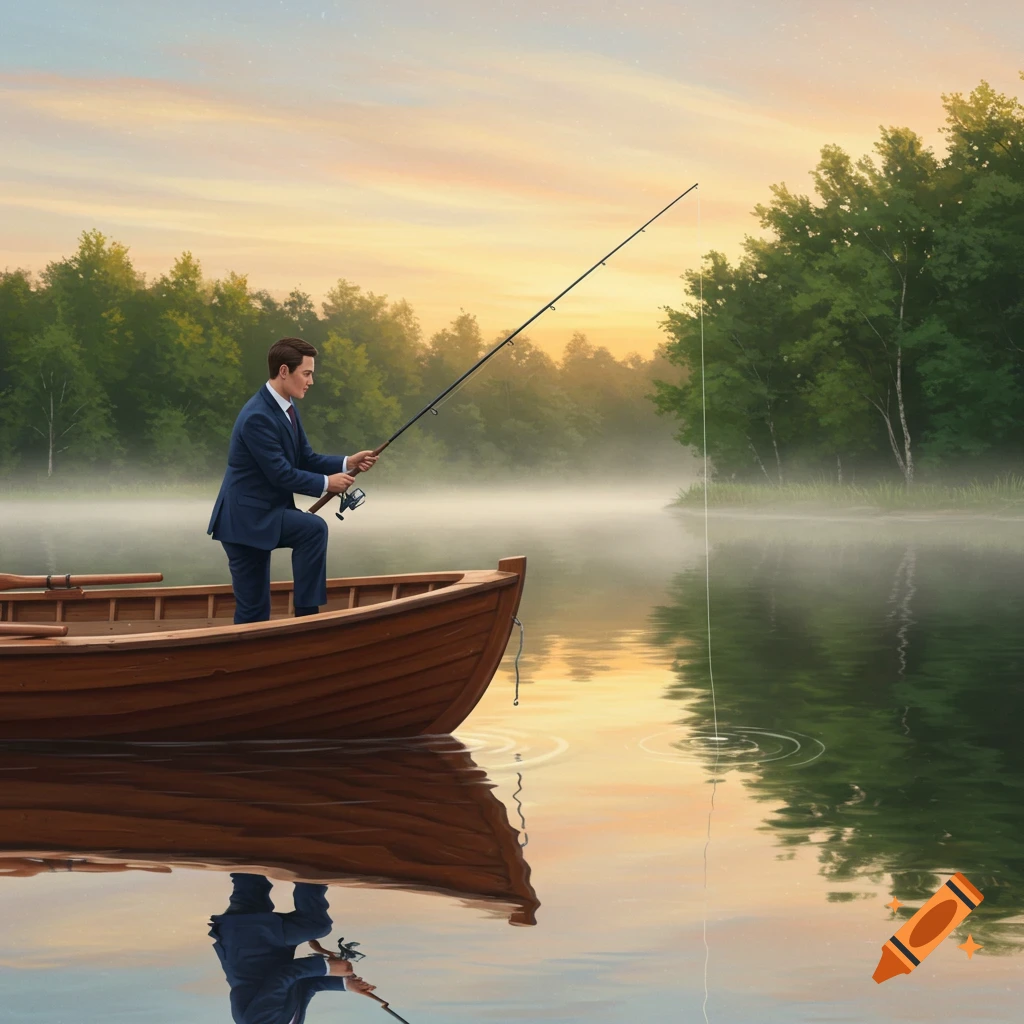 A man in a suit fishes from a wooden boat on a misty lake at sunrise, surrounded by trees.