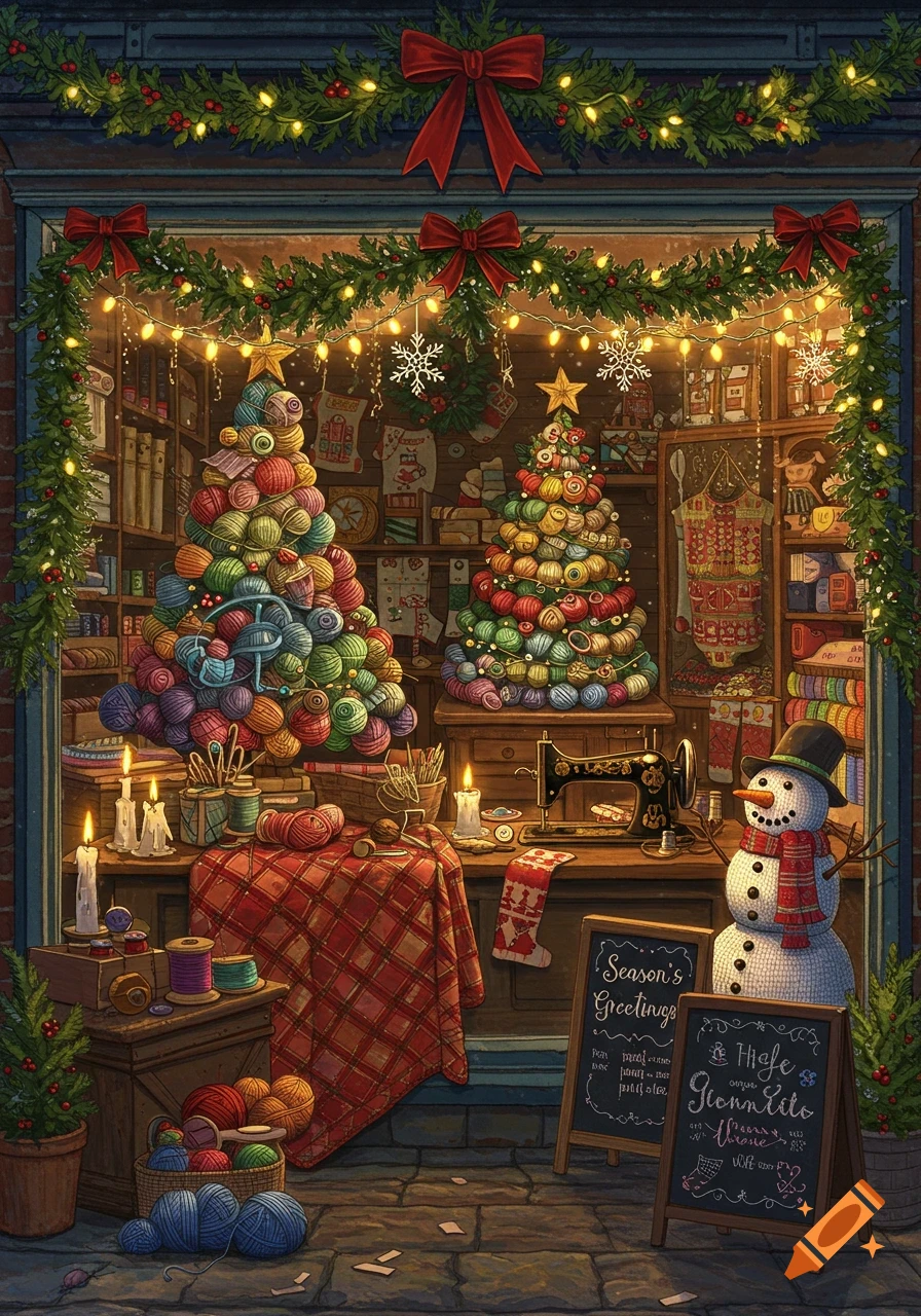 A festive, warm illustration of a yarn and sewing store window decorated for Christmas, featuring yarn ball trees and a snowman.