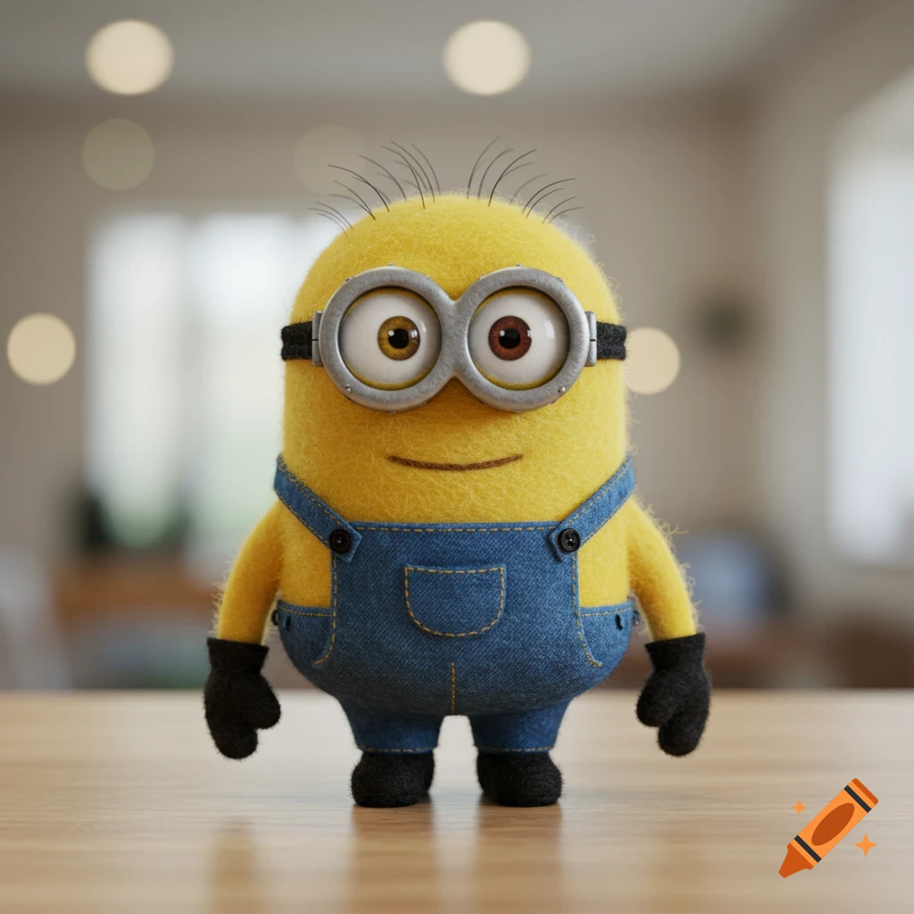 A needle-felted Minion character in blue overalls and goggles stands on a wooden table.