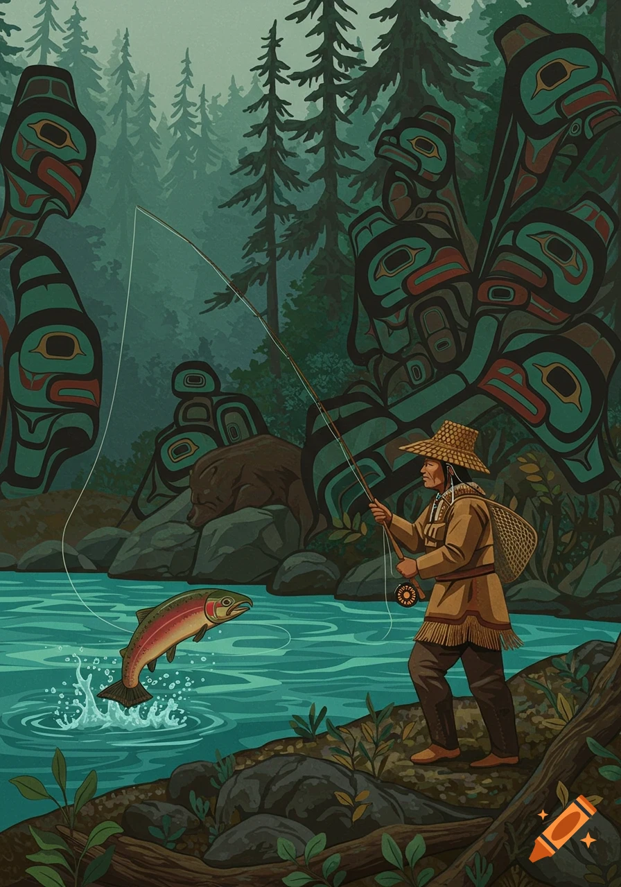 Tlingit art style: A fisherman catches a salmon in a river, with totem figures and a bear in a forested background.