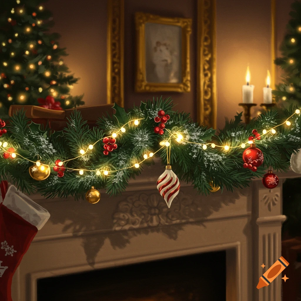Festive Christmas garland with warm lights, red berries, and ornaments above a fireplace, with a stocking.