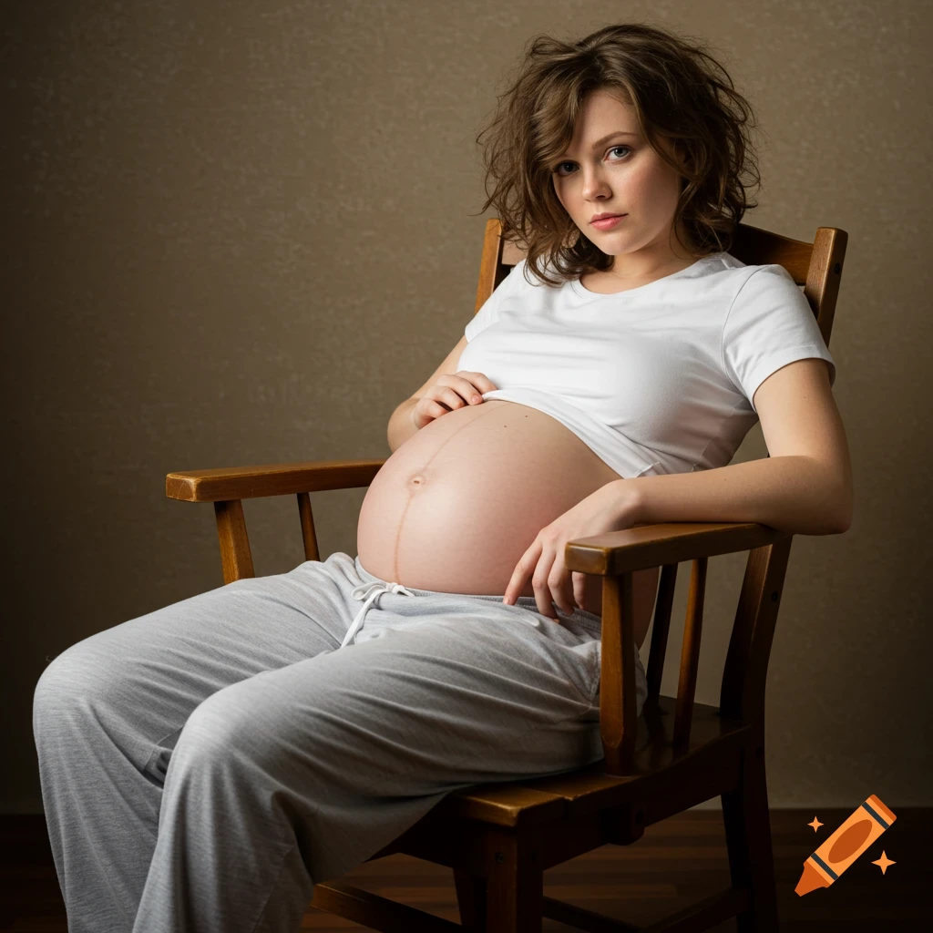 Photorealistic portrait of a pregnant woman with messy brown hair sitting in a wooden chair, exposing her belly.