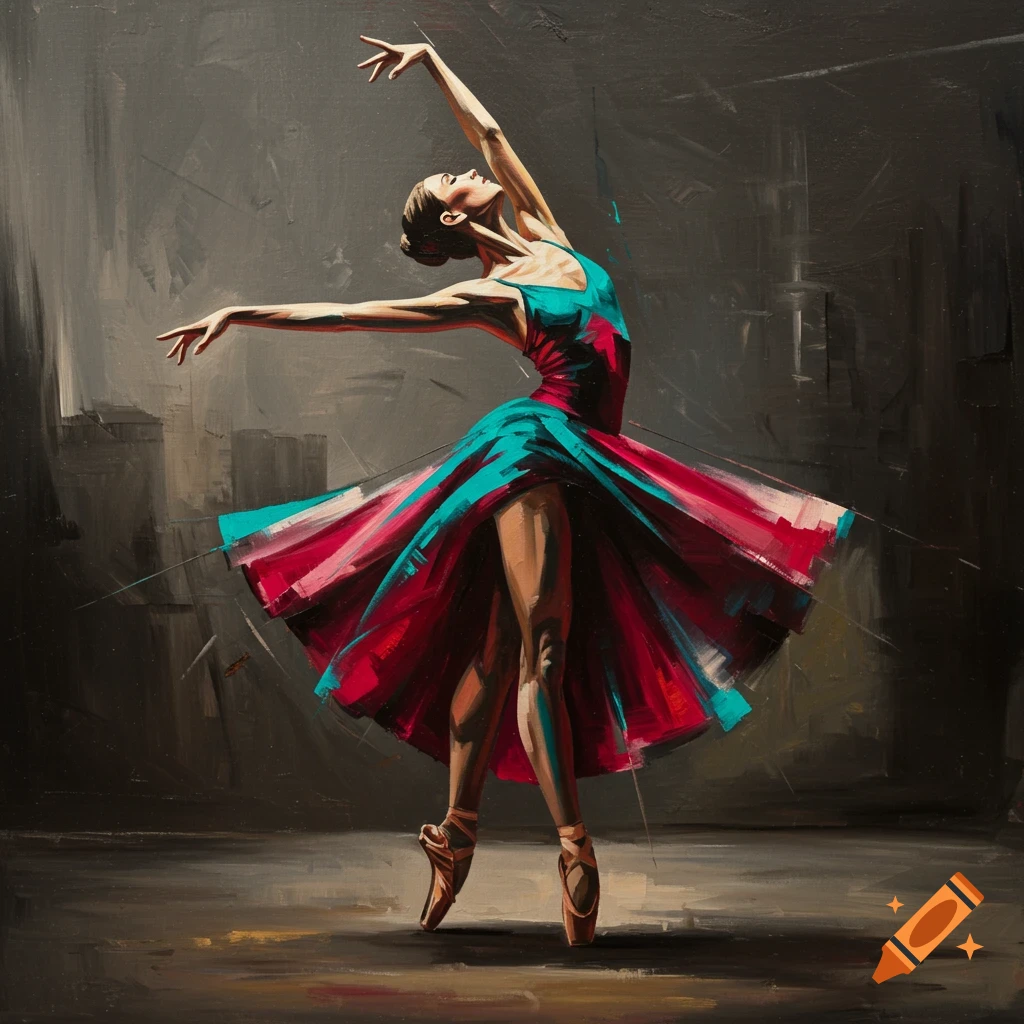 A modernist painting of a graceful female ballet dancer in a flowing teal and red dress, posing with arms extended.