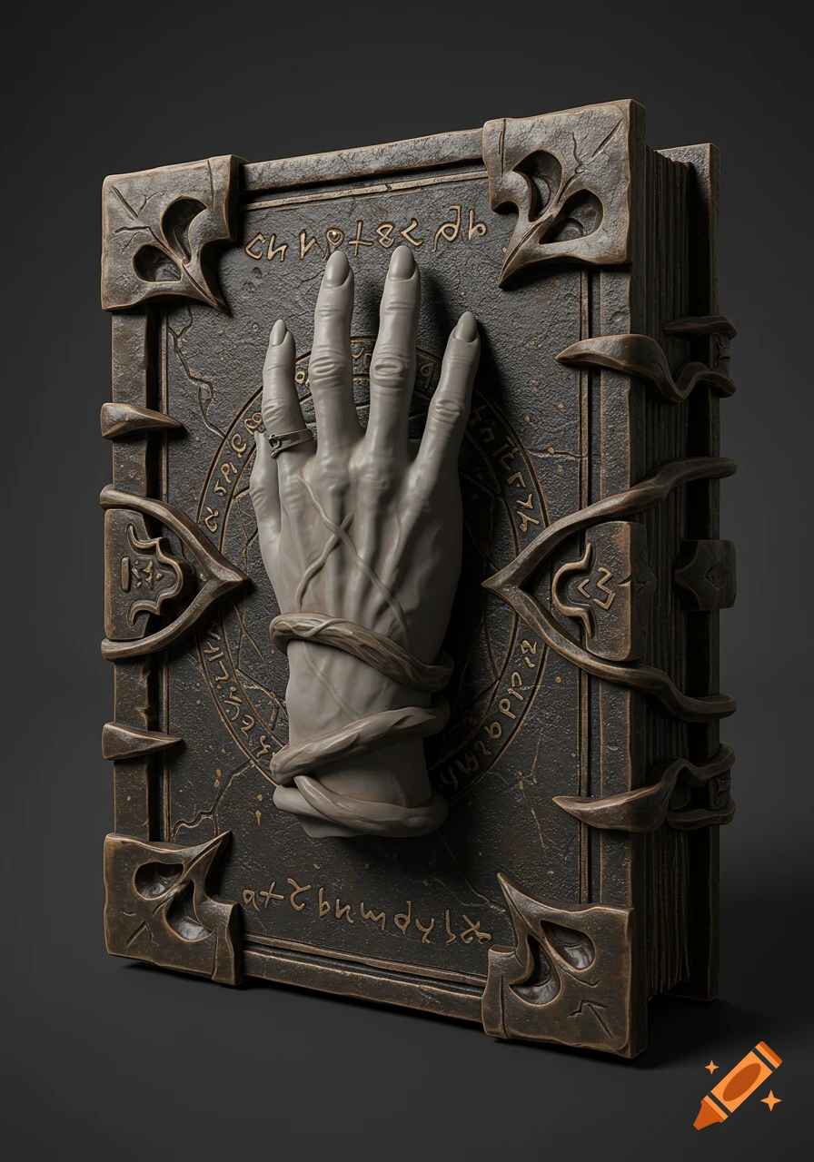 A dark, ornate fantasy book cover with a gaunt hand wrapped in vines emerging from it, surrounded by arcane symbols. 3D render.