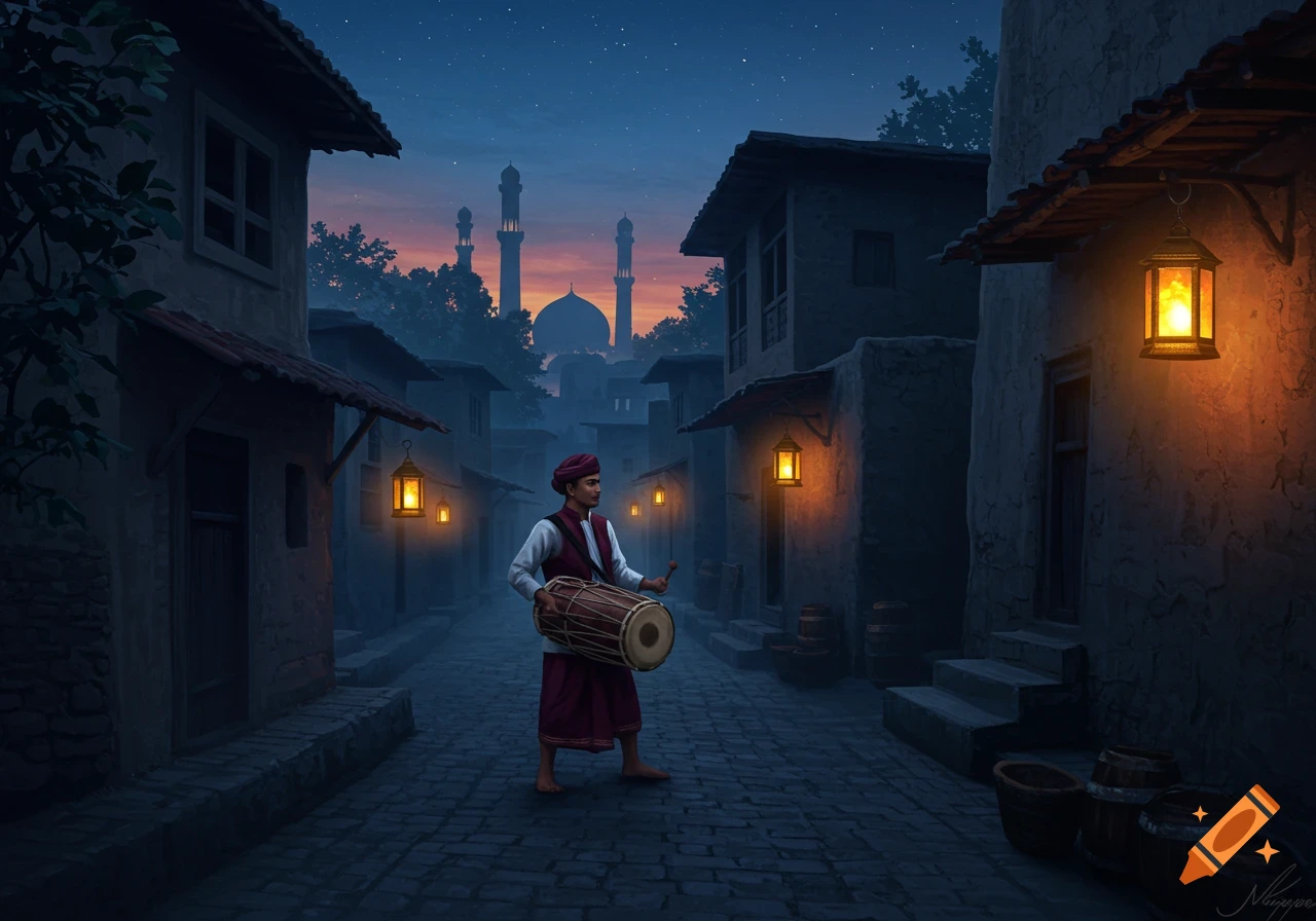 A man in traditional attire plays a drum on a narrow village street lit by lanterns at dusk, with a mosque in the background.