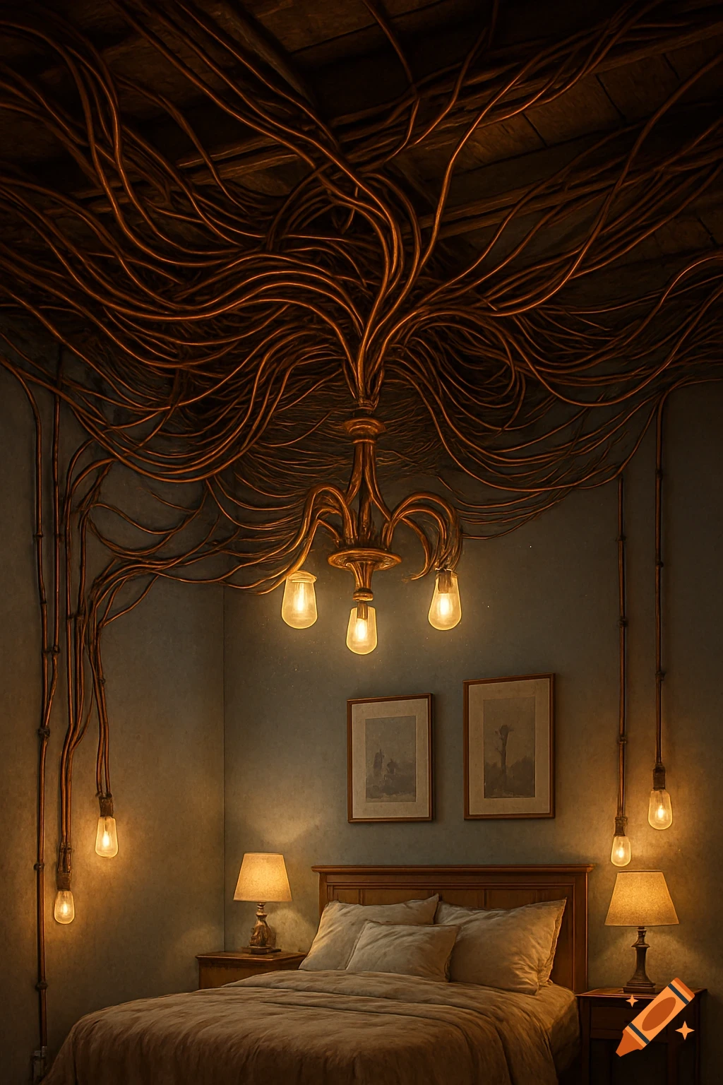 A bedroom with an ornate chandelier and exposed copper wiring on the ceiling and walls, casting warm light.