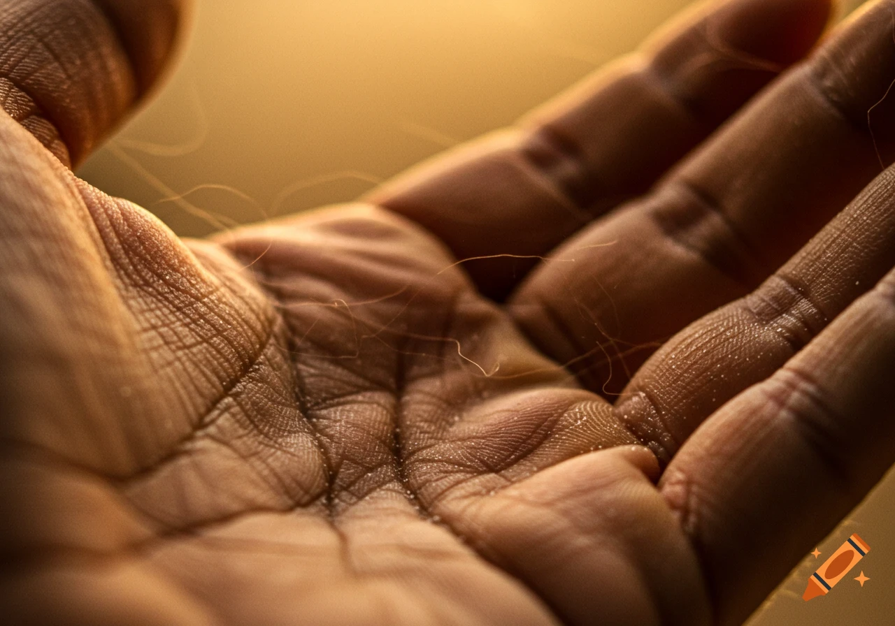 Close-up macro photo of a human hand's palm and fingers, showing detailed skin texture and fine hairs under warm light.