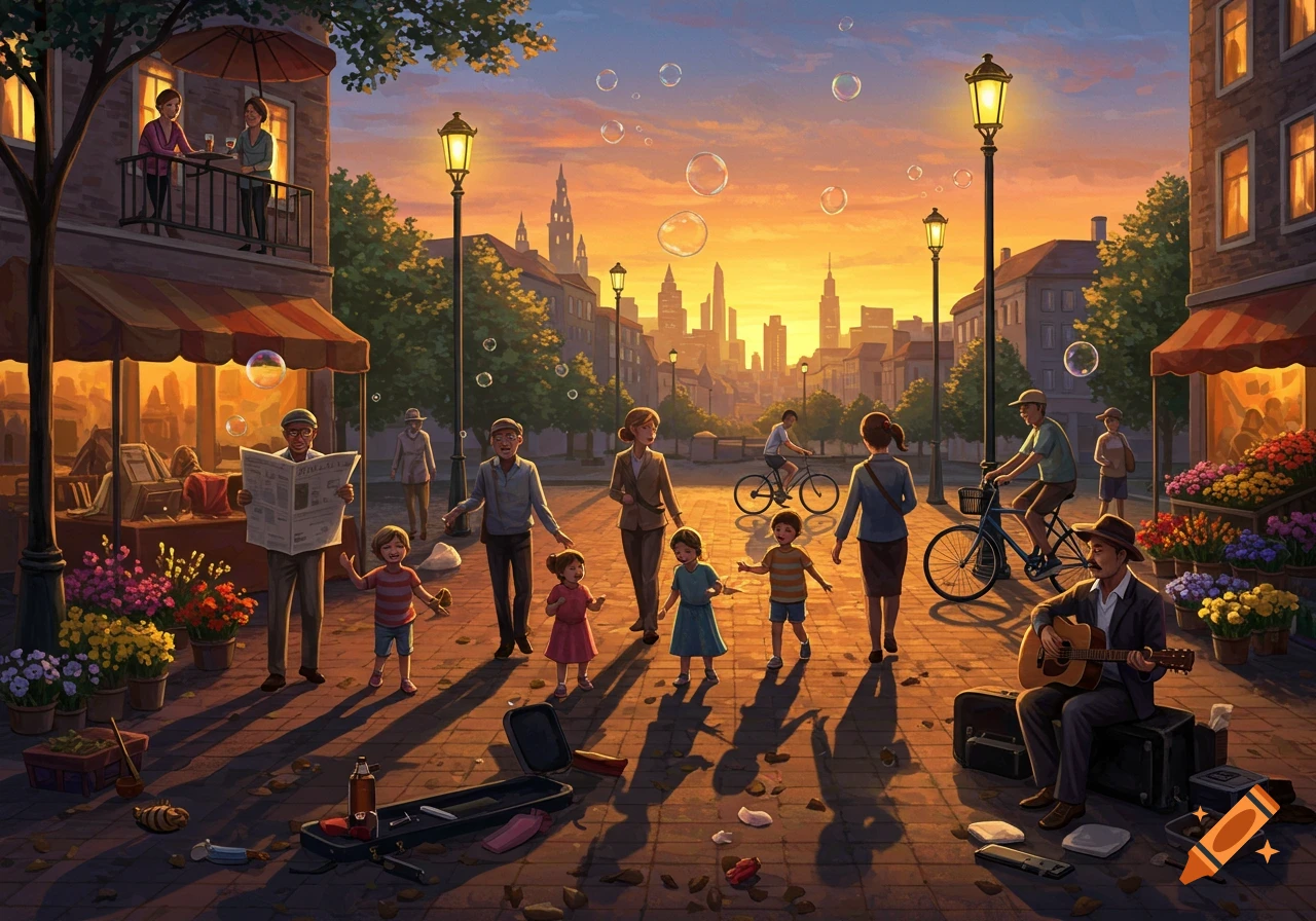 An illustration of a bustling city street at sunset, with people strolling, children playing, a man reading a newspaper, a street musician playing guitar, and cyclists, all under a sky filled with bubbles.