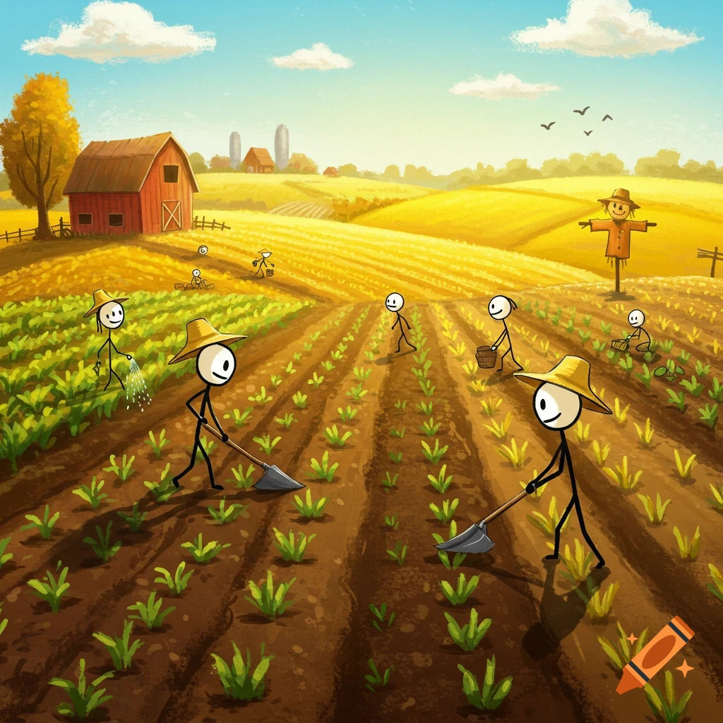 A vibrant cartoon depicts stick figures farming in golden fields with a red barn, under a blue sky.