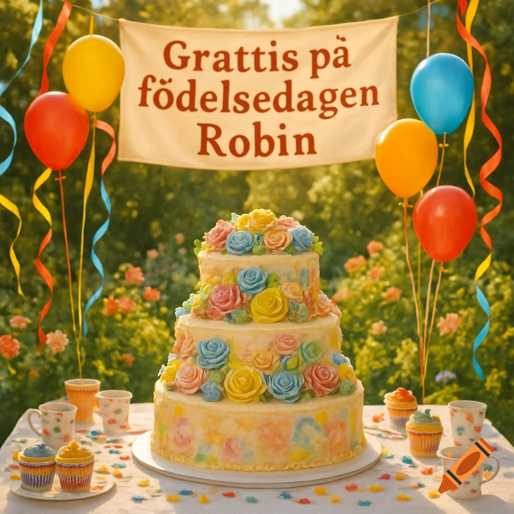 A three-tiered birthday cake decorated with colorful icing flowers sits on a table outdoors, surrounded by balloons, streamers, and a banner reading 'Grattis p\u00e5 f eselsedagen Robin'.