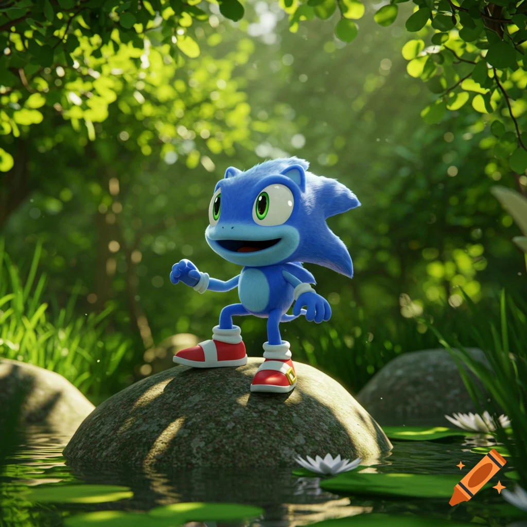 A blue frog-like Sonic character, Sanic the hedgefrog, stands on a rock in a sunlit forest pond.