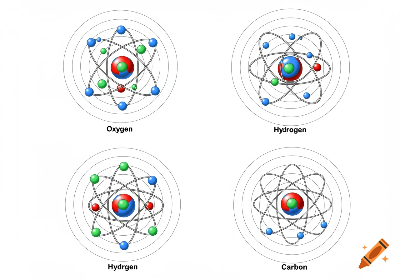 Four colorful Bohr models of atoms, including oxygen, hydrogen, and carbon, labeled on a white background.